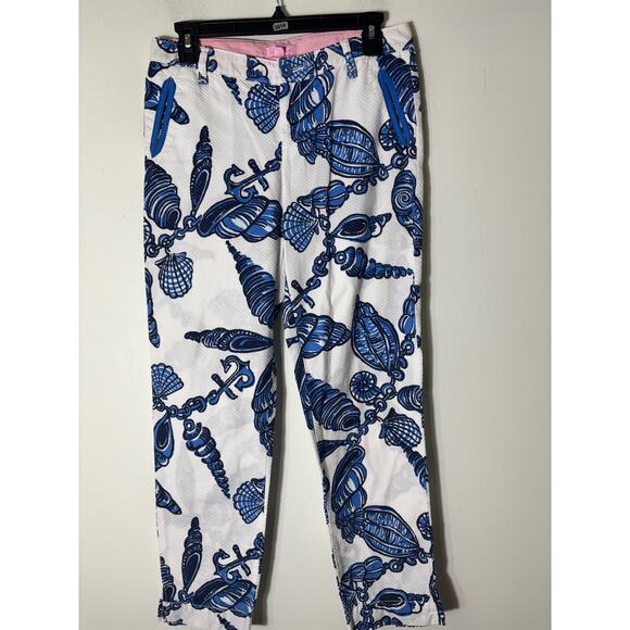Lilly Pulitzer Blue White Shell Print Cotton Ankle Pants Sz 2 - Picture 1 of 2